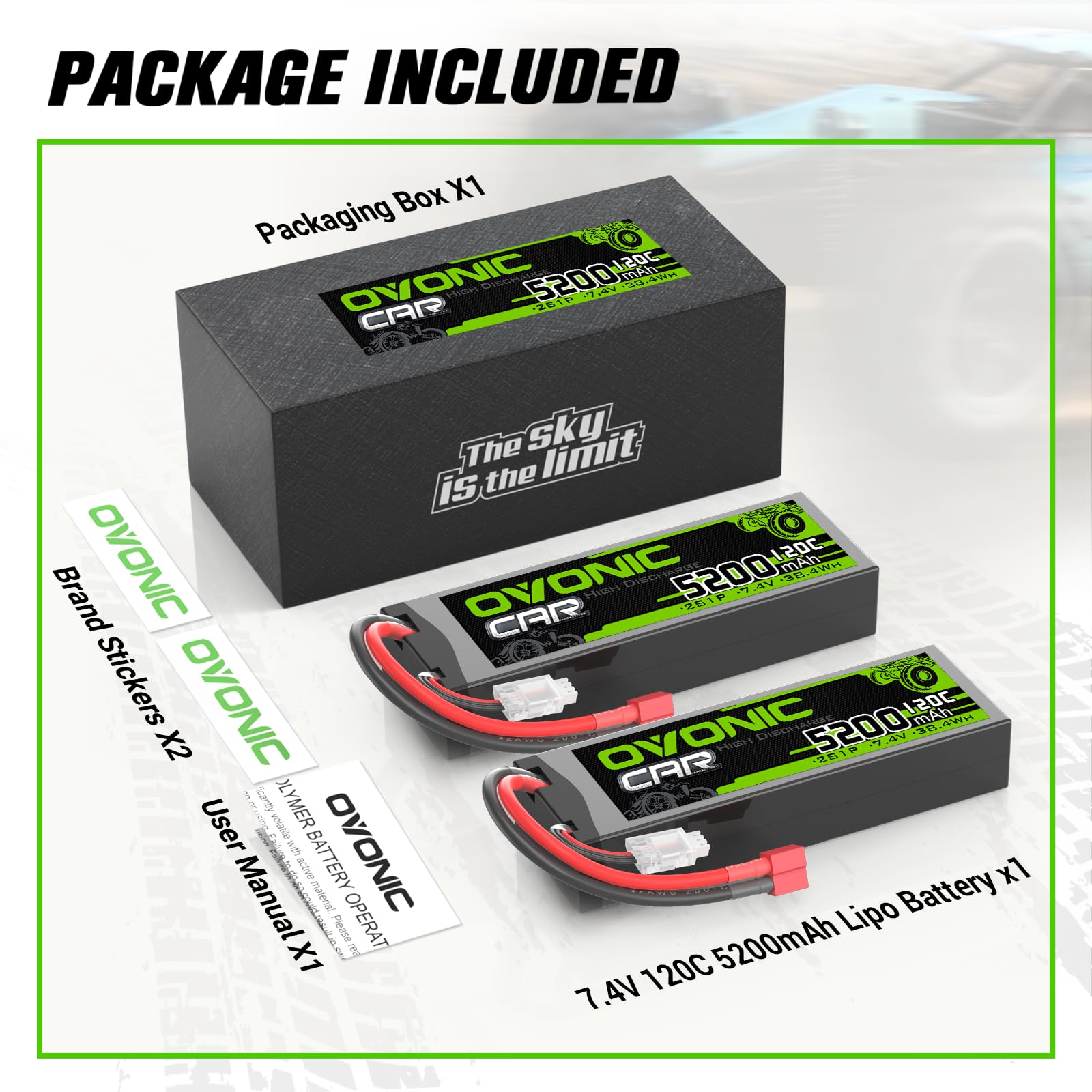 OVONIC Batterie Lipo 2s 7,4 V 5200 mAh 120 C avec Prise Deans T Plug Lipo pour Voiture RC Camion Truggy Quadcopter hélicoptère Camion Bateau Avion (2 pièces)
