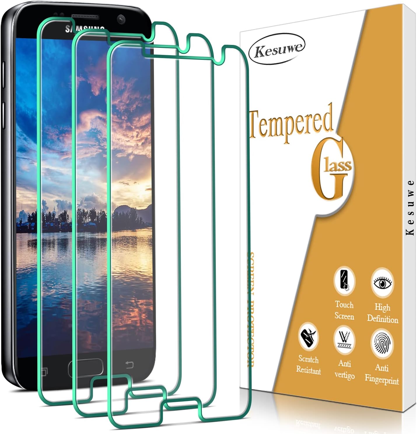 Kesuwe [3 Pack] Screen Protector for Samsung Galaxy S7 Tempered Glass, 0.33mm Ultra Transparent Protective Film, 9H Hardness, Anti-Scratch, Anti-Fingerprints, Bubble Free