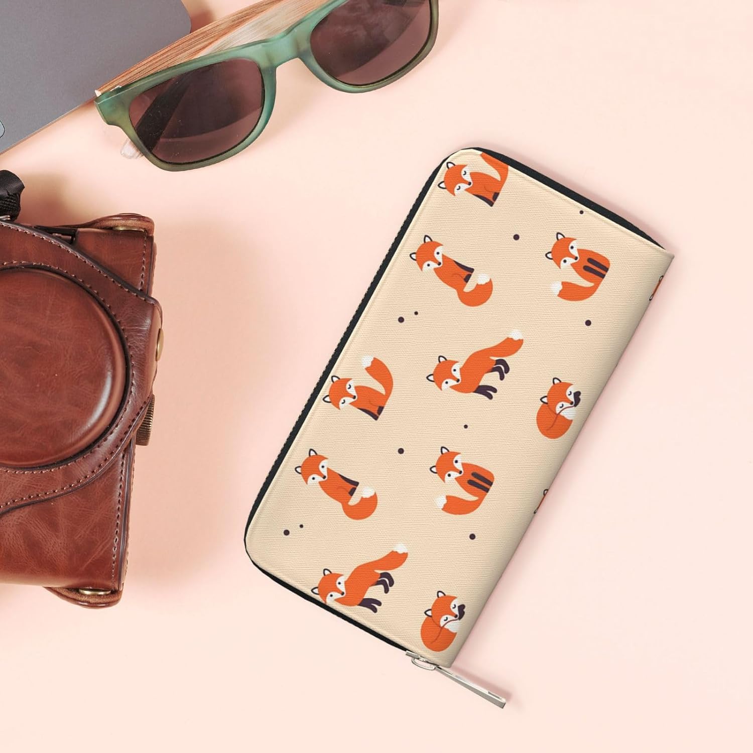 Vintage Cute Little Red Fox Wallet for Men Women Elegant Long Clutch Zip Around Travel Leather Coin Purse Large Capacity Credit Card Holder Handbag
