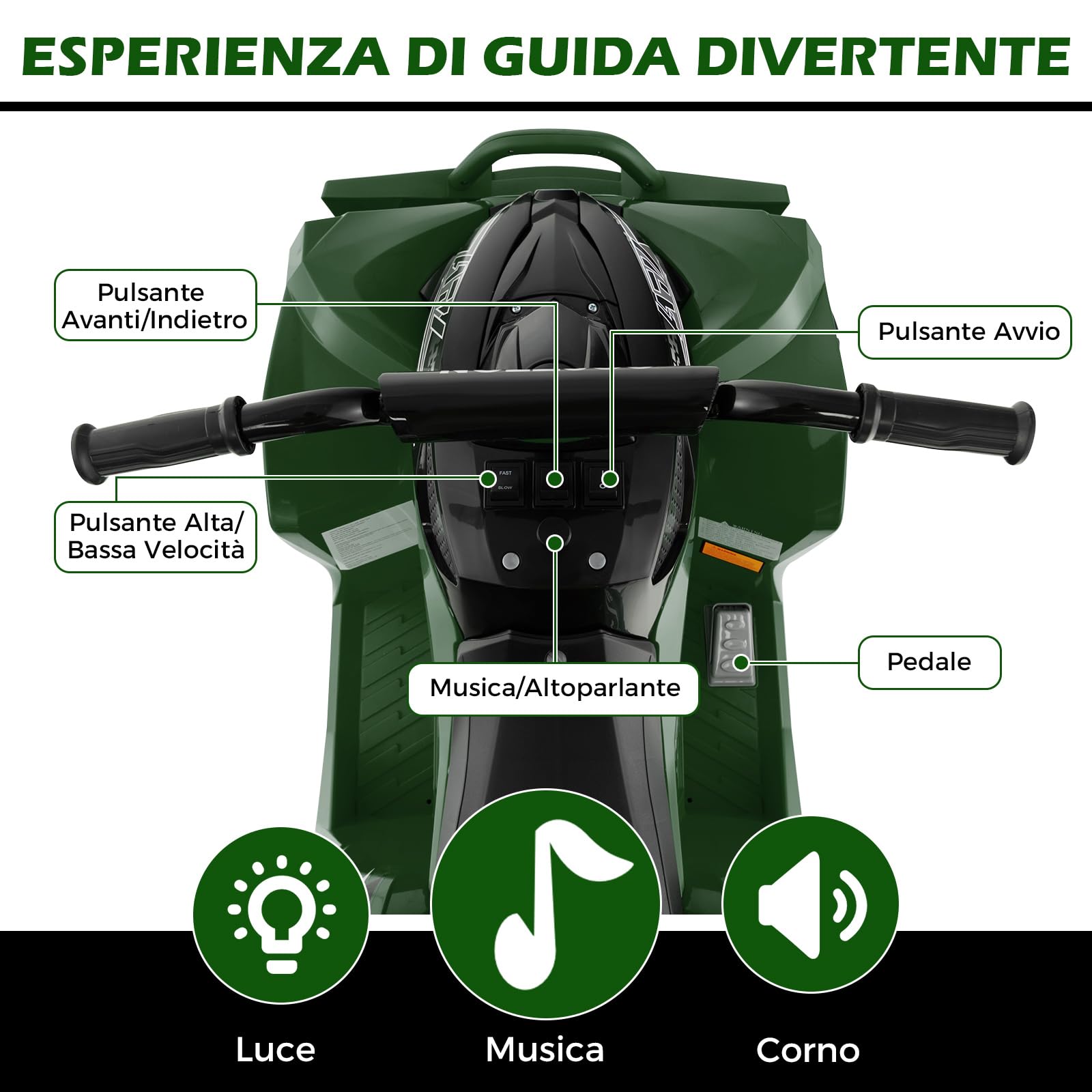 COSTWAY 12V Quad Elettrico per Bambini 3 Anni+, 3-5 km/h (Verde) | Macchina Elettrica con Velocità Alta/Bassa, Sedile Comodo Fari Corno e Musica, Auto Elettrica Cavalcabile