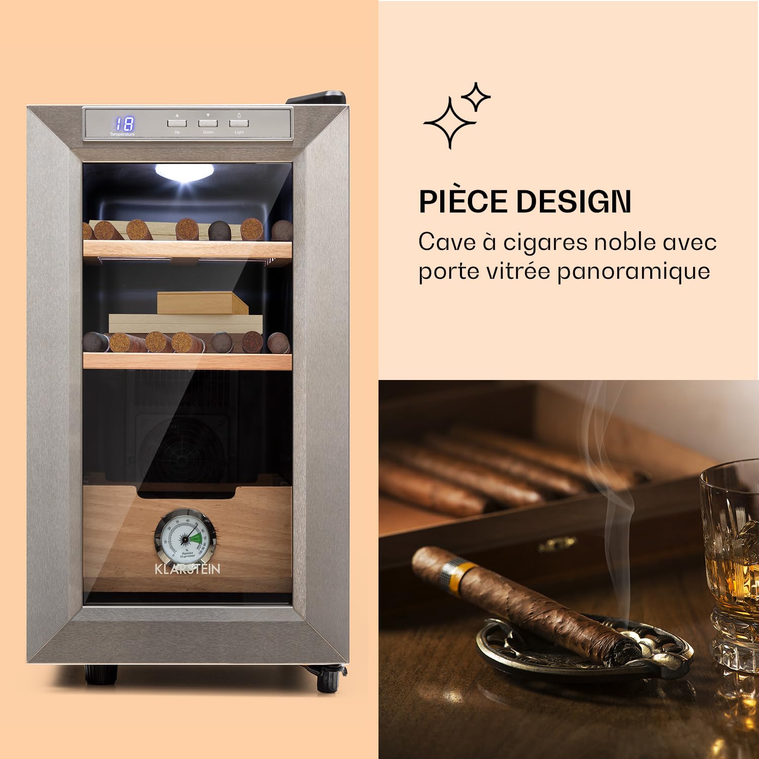 KLARSTEIN El Presidente - Cave à cigares, thermoélectrique, Porte vitrée, sur Pied, tiroirs en Bois de cèdre, hygromètre, éclairage intérieur LED, 23 litres - Argent [Classe énergétique G]