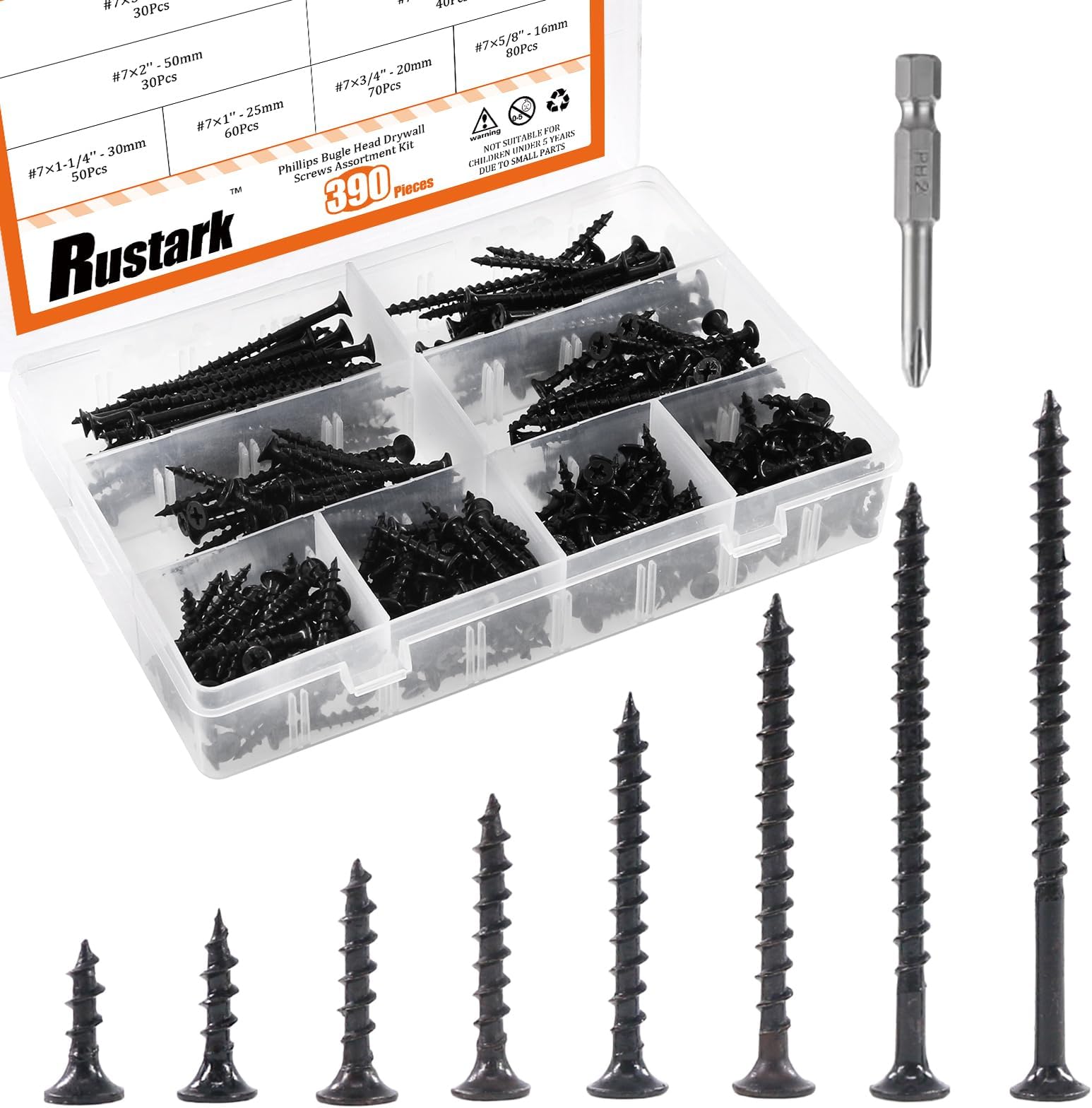Rustark 390Pcs M4 Coarse Thread Drywall Screw with Phillips Drive Black Oxide Finsh Bugle Head Wood Screws Assortment Kit Ideal for Drywall Sheetrock