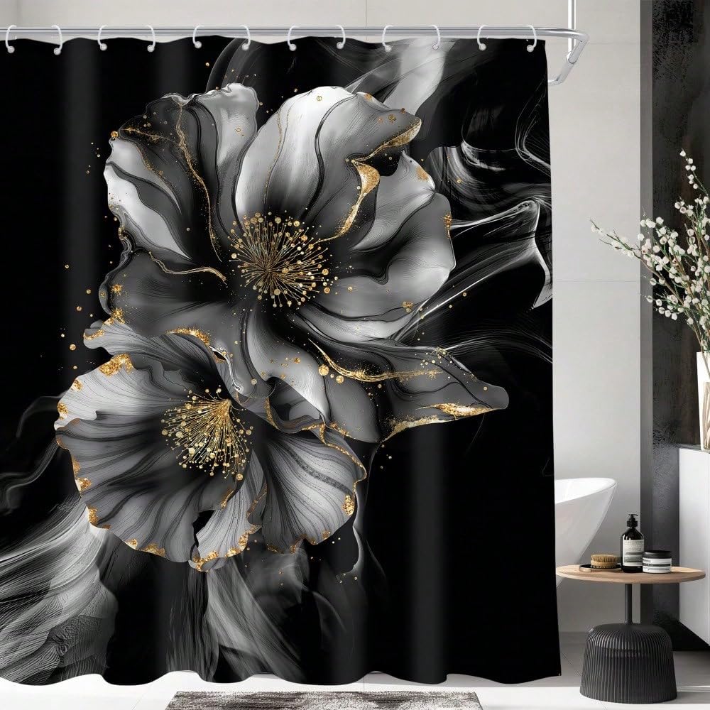 Schwarzer und goldener abstrakter Duschvorhang mit Blumenmuster, moderner grauer Marmorblumen-Goldton, elegante Tintenstruktur, Badezimmer-Vorhangset für Damen (300 x 200 cm / 118 x 79 Zoll (B x H))