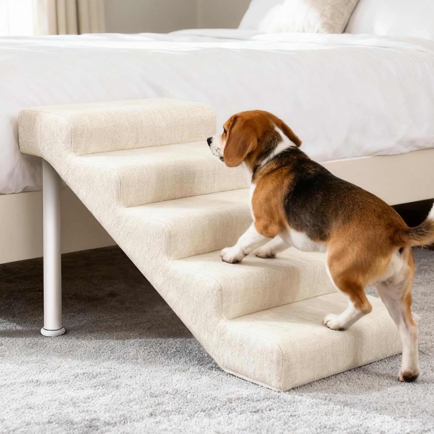 Leather Dog Stairs, 19.7" Extra Wide Dog Steps for Bed & Sofa, Adjustable Height 17.7"-20.47” Pet Ramp for Small to Large Dogs, Holds Up to 150 lbs（5-Step）