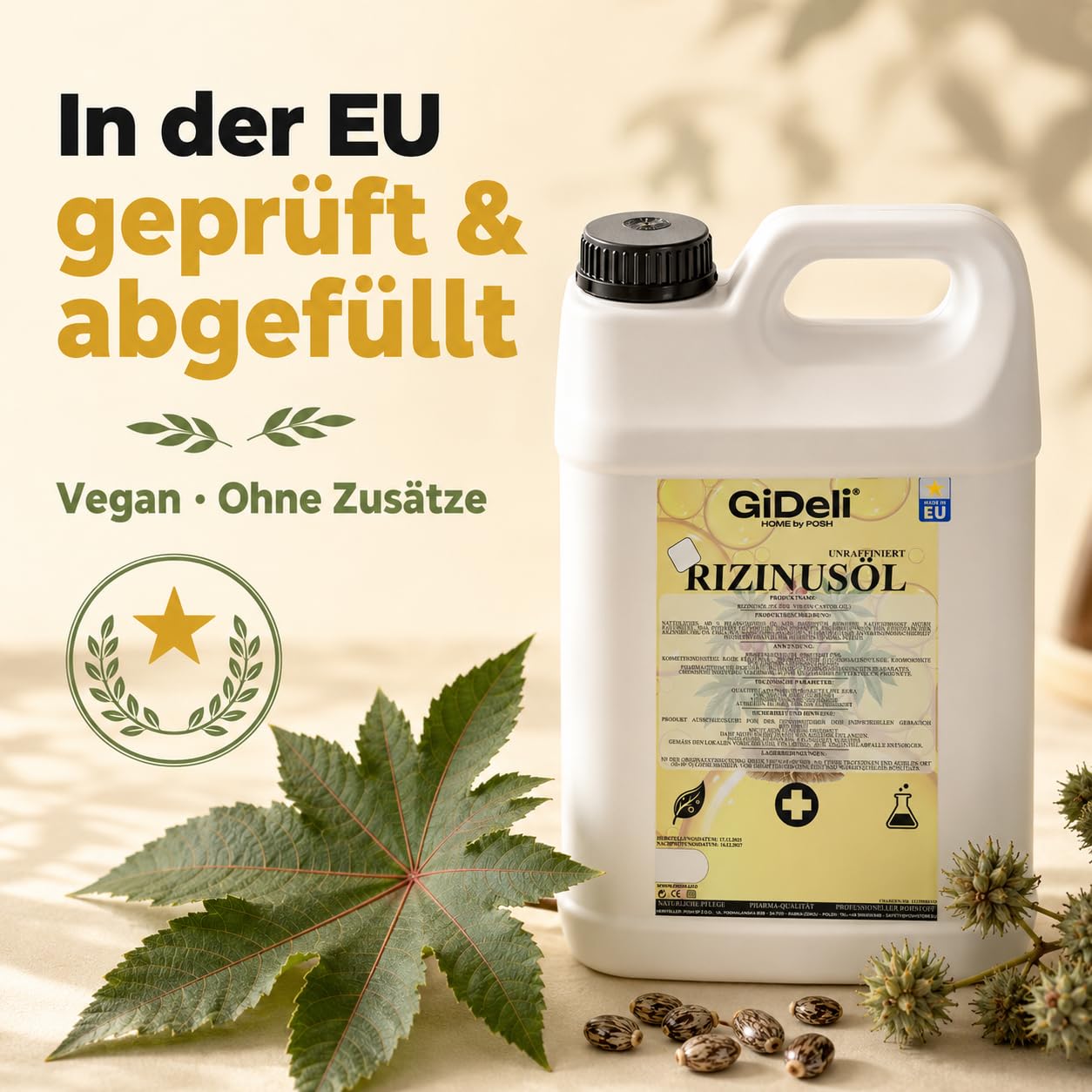GiDeli Aceite de ricino prensado en frío, 2 x 5 l, puro aceite de ricino en Ph. Eur. Calidad para cabello, pestañas y piel – Aceite de cuidado sin refinar como base para cosméticos naturales DIY – Sin