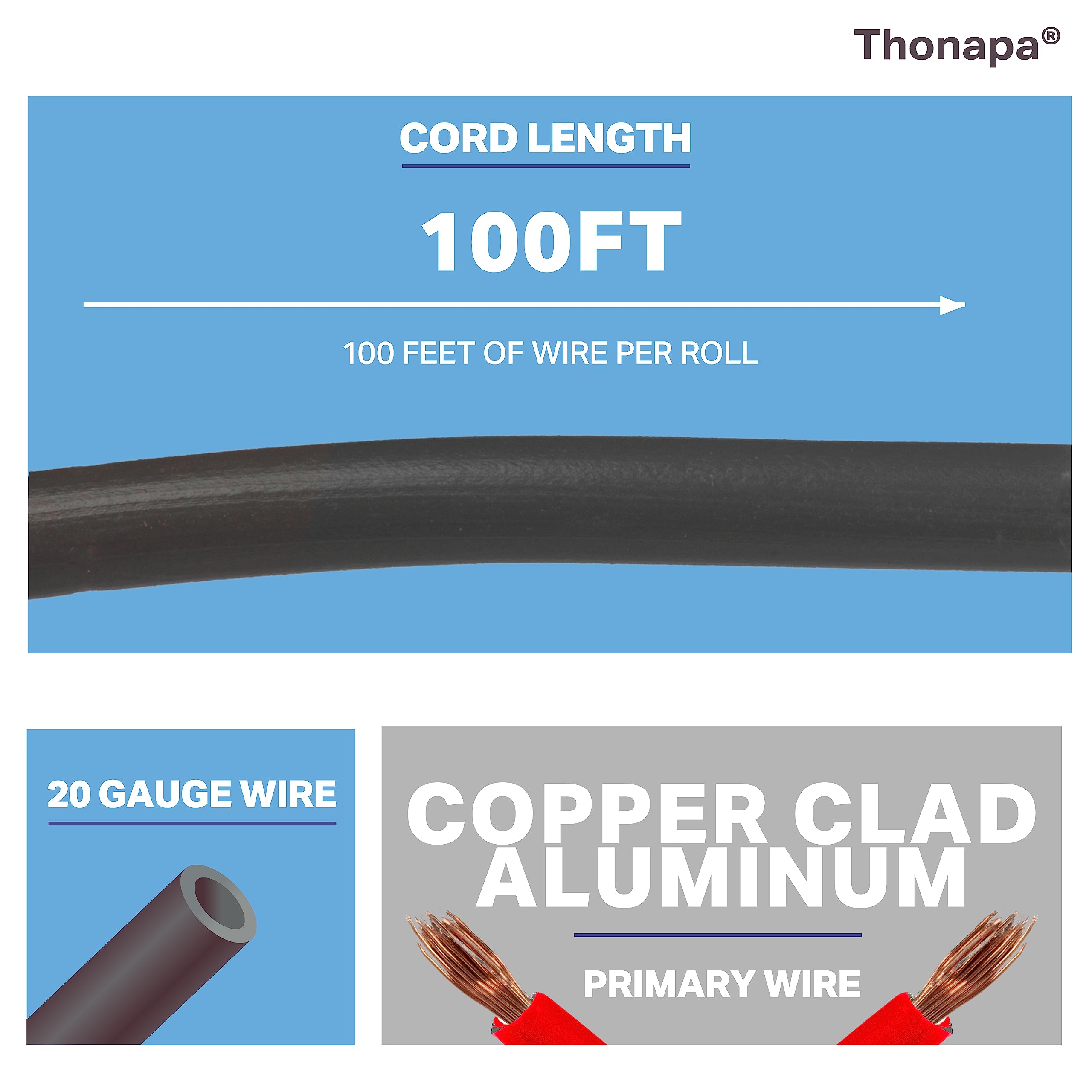 Thonapa 20 Gauge Primary Automotive Wire Assortment - 10 Roll Assortment Pack - 100 Ft of Copper Clad Aluminum Wire per Roll, 20 Gauge Stranded Copper Clad Aluminium Auto Wires