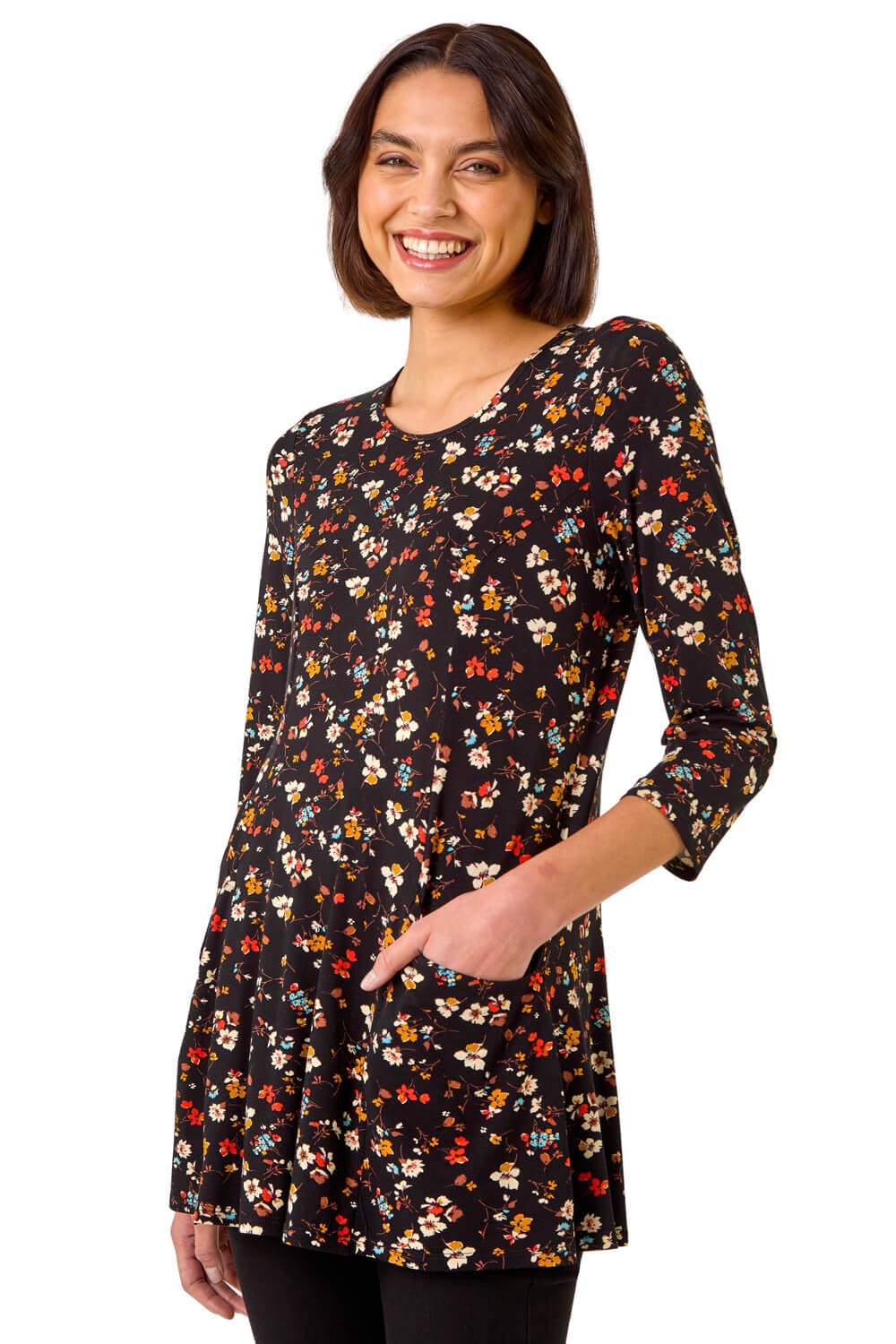 Roman Women's Black Floral Print Pocket Detail Tunic Size 12