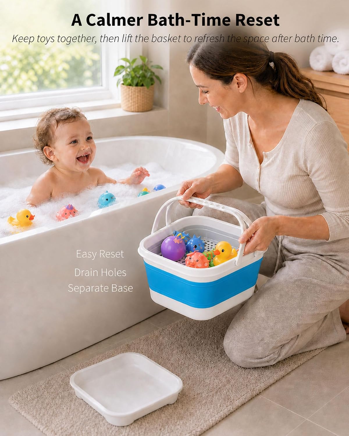 Foldable Stand up Bath Toy Storage Organizer, w/Movable Base-Blue image 2