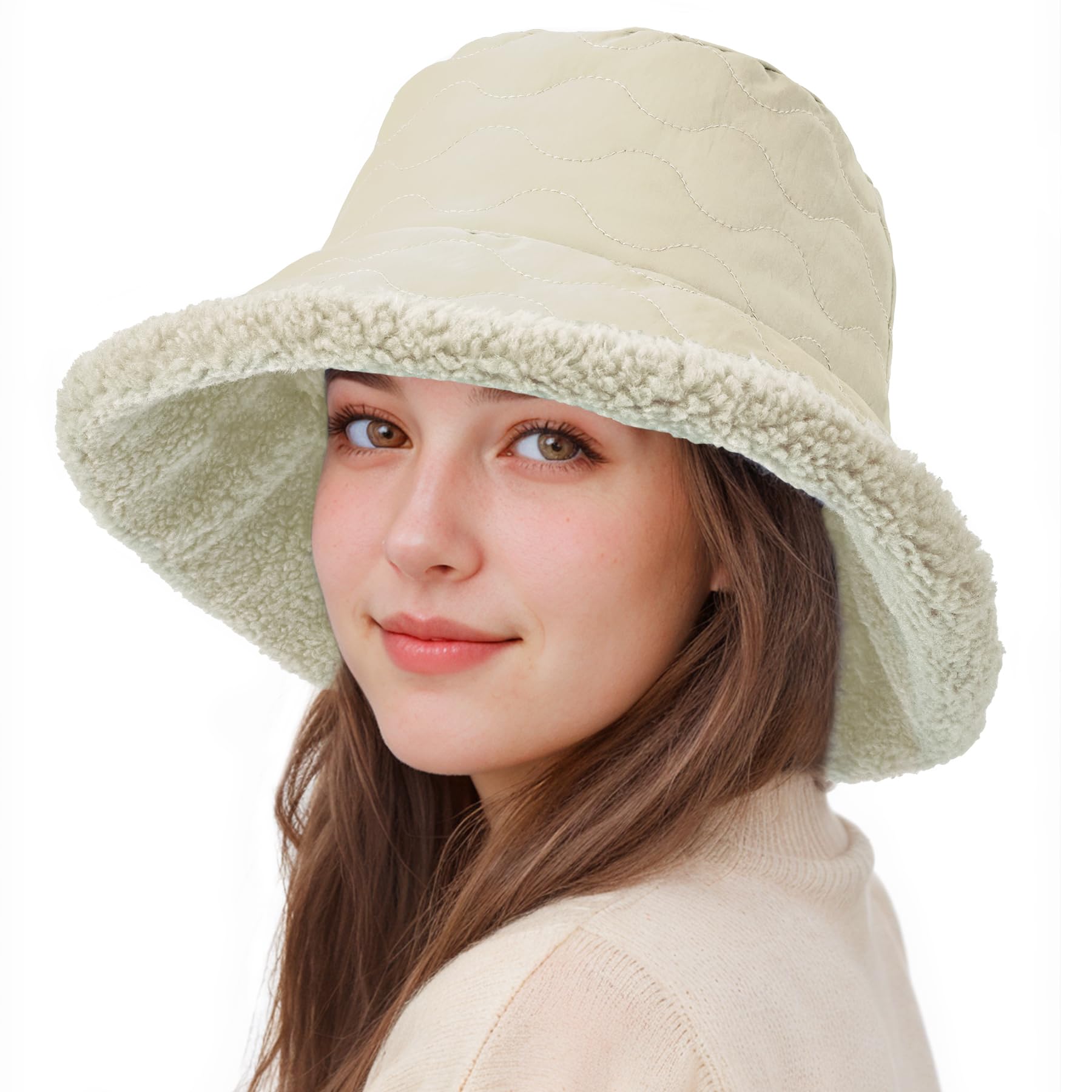 Sukeen Fuzzy Bucket Hat for Women Wide Brim Faux Fur Winter Warm Hat Fluffy Teddy Sherpa Fisherman Cap for Lady