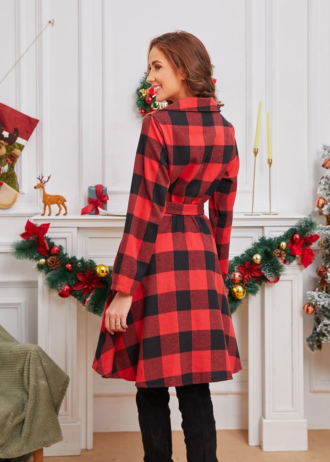 FANCYINN Women Long Sleeve Plaid Pattern Tunic Tops Shirt Casual Dress - Image 3