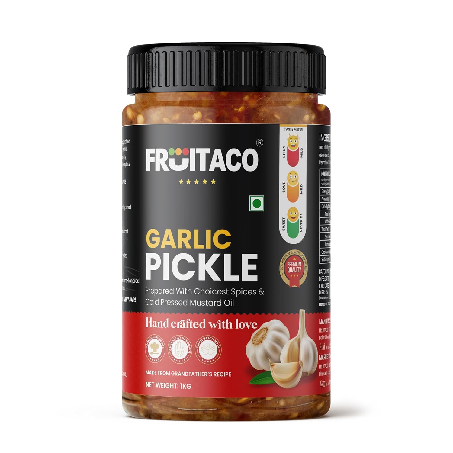 Fruitaco Garlic Pickle – Authentic Indian Pickle with Tangy and Spicy Flavor | Perfect Side for Meal (1 Kg, Garlic Pickle)
