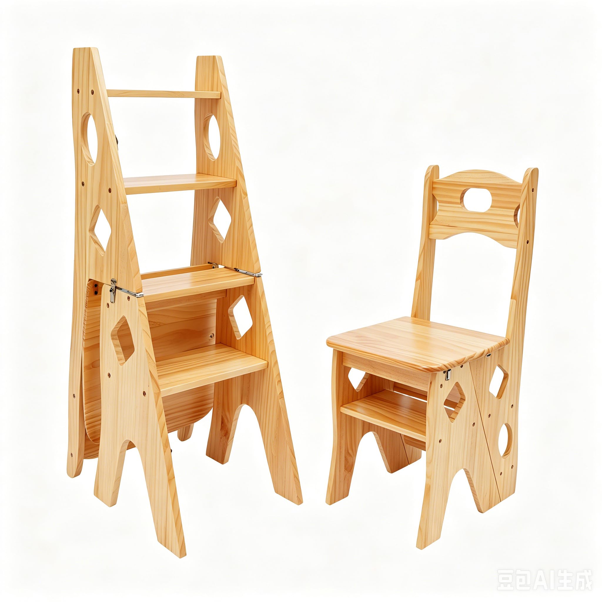 Escalera de 4 peldaños de madera de pino, escalera 2 en 1 y taburete plegable, soporta hasta 100 kg, para cocina, hogar y biblioteca