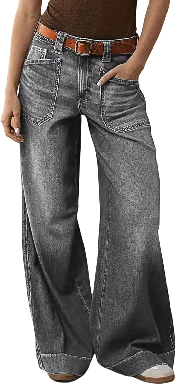 Womens Wide Leg Jeans Baggy High Waisted Y2K Casual Trendy Stretchy Flare Tummy Control Denim Pants