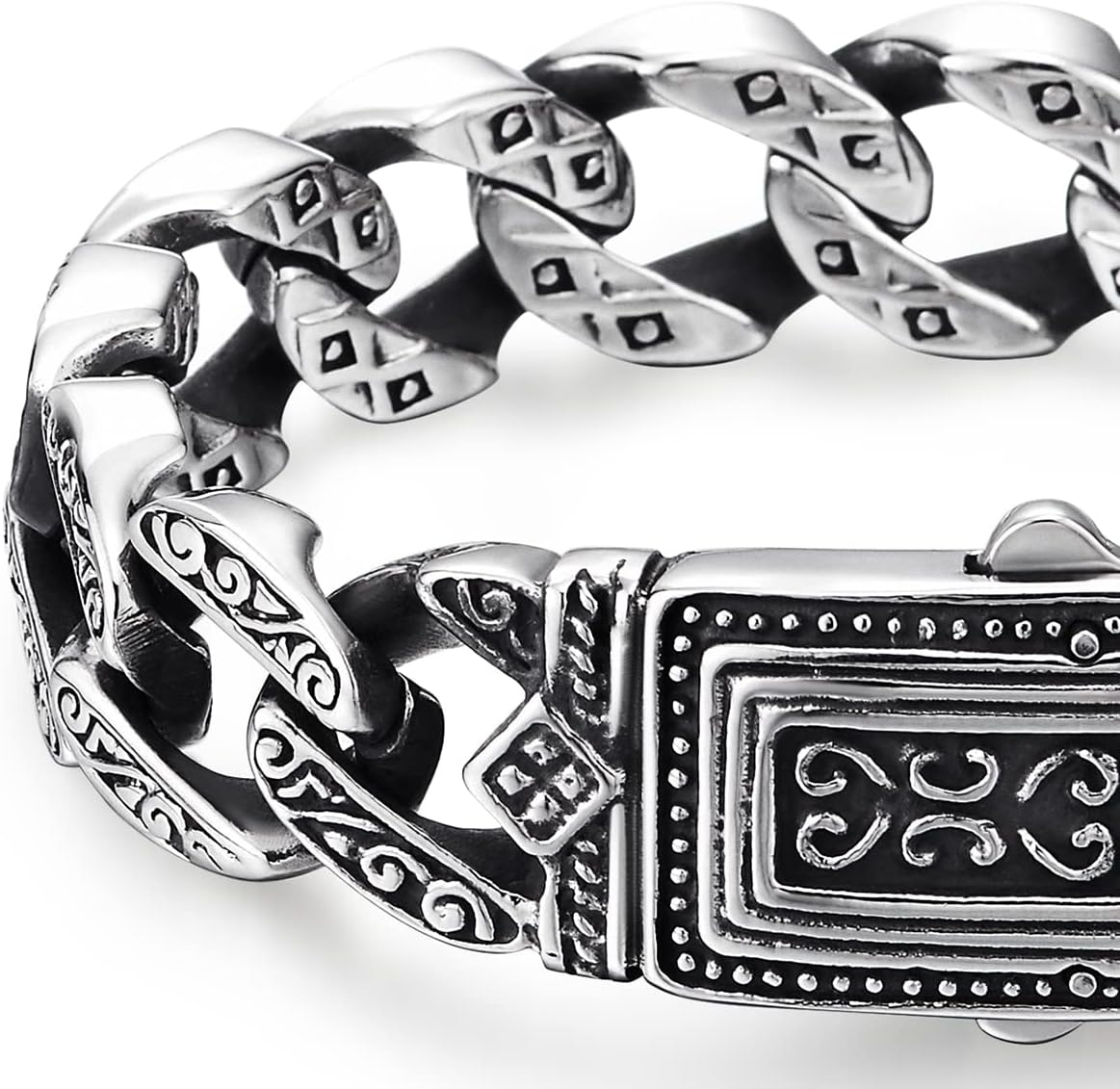 COOLSTEELANDBEYOND Mens Retro Style Steel Vintage Curb Chain Bracelet Engraving with Tribal Tattoo Pattern, Spring Clasp