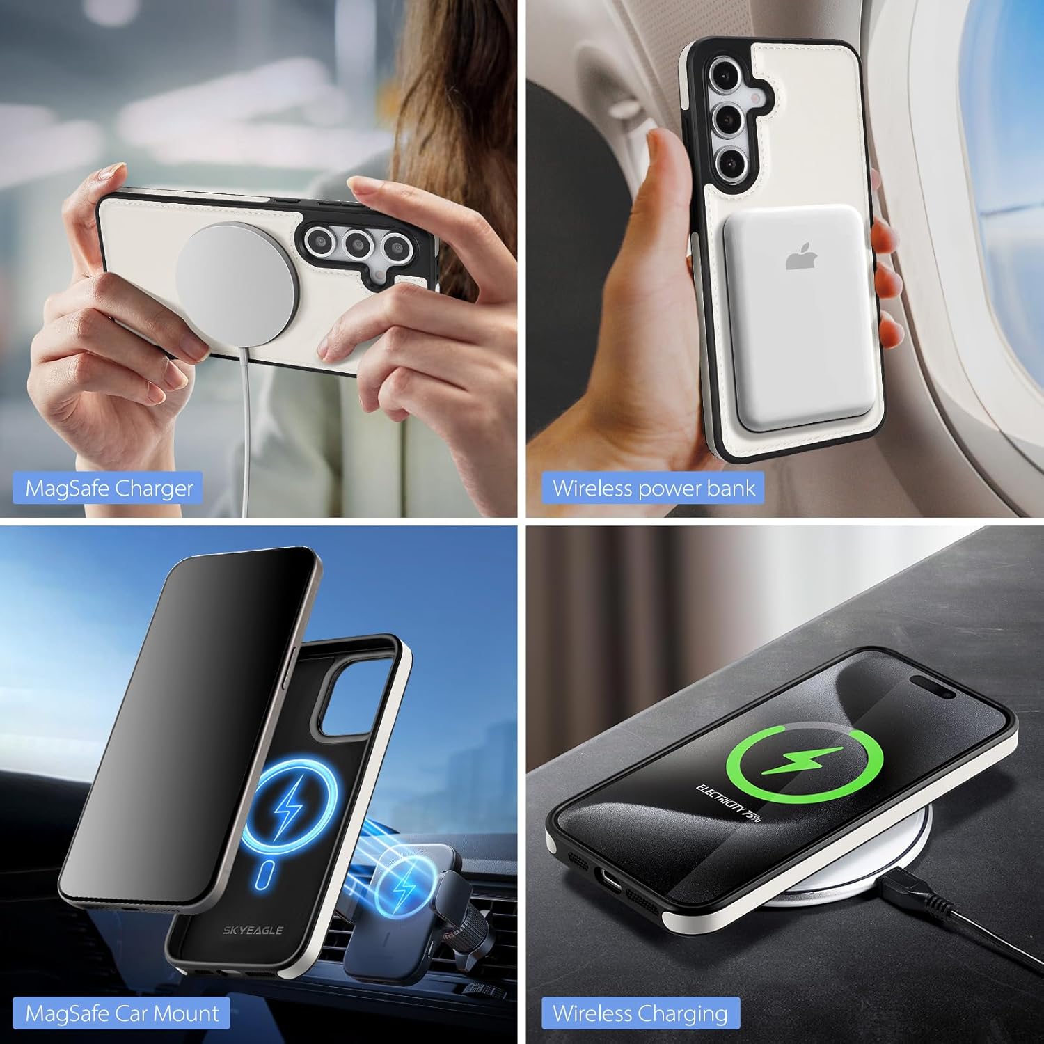 SkyEagle Compatible Magsafe 2 in 1 Detachable Samsung Galaxy S25 FE Wallet Case with Card Holder Women Men,Magnetic Shockproof PU Leather Phone Case RFID Blocking Flip Kickstand Credit Slots,White