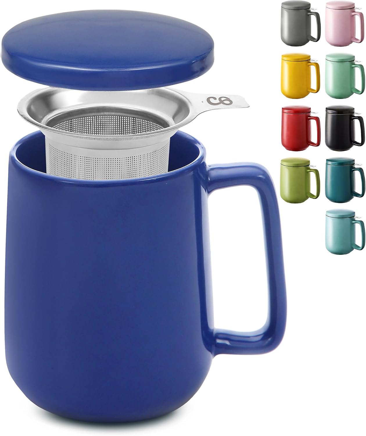 Cosumy Filiżanka z sitkiem i pokrywką - Ceramiczna - Długo utrzymuje ciepło - Duża 500 ml XXL - Można myć w zmywarce (Niebieski)