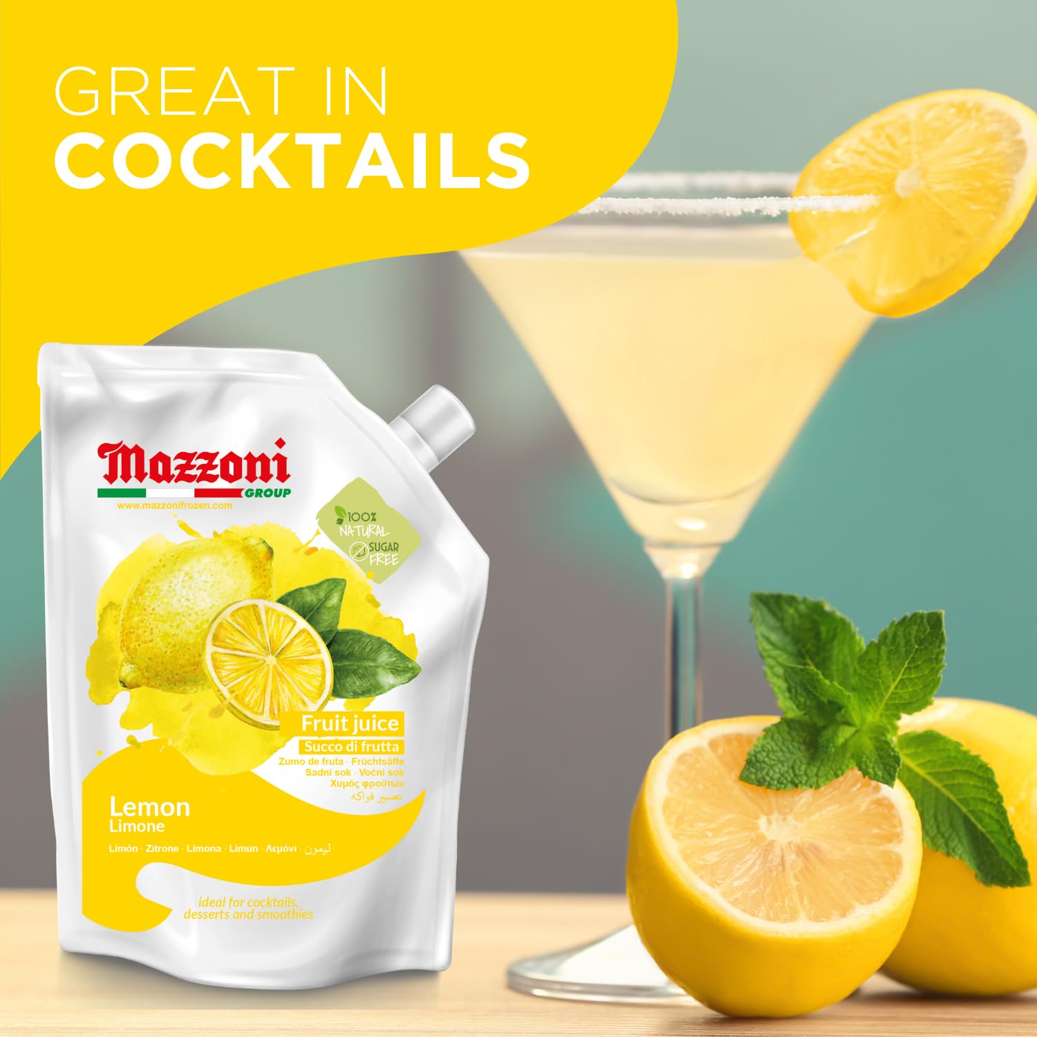 Mazzoni - Lemon Juice, 100% Pure Lemon, Just Juice, No Sugar Added, Not from Concentrate, No Added Ingredients, Mixer for Cocktails, Drinks, Smoothies – 2.2 lb Convenient Pouch, Made in Italy