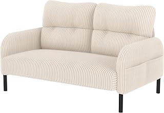 Modern Living Room Loveseat Sofa, Two-Seater Settee, Upholstered Corduroy Fabric Armchair, Love Seat Sofa Chair with Side Pocket and Wood Legs for Bedroom/Office/Reading Spaces (Beige)