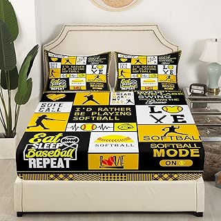 Softball Kids Fitted Sheet Full Size,Ball Sports Games Competition Bedding Set,Girls Boys Adults Bedroom Decor,Geometric Plaids Fashion Bed Cover,Yellow Bright Bed Sheet,2 Pillowcases