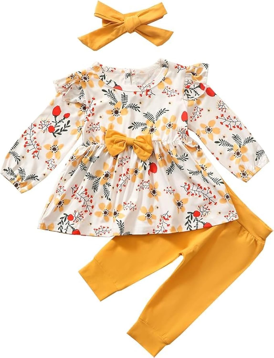 Dziewczęca odzież Bow Floral falbanka z długim rękawem top + spodnie + opaska na czoło 3 szt. zestawy odzieży