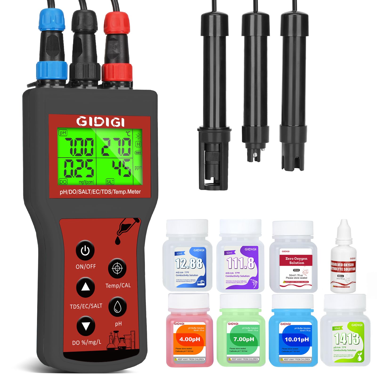 Misuratore di Ossigeno Disciolto 6 in 1 Smart DO pH Salinità TDS EC Temp. | con Compensazione Sale per Acquari Dell'acqua Tester di Ossigeno per Laghetti Kit di Test del pH per Acquari