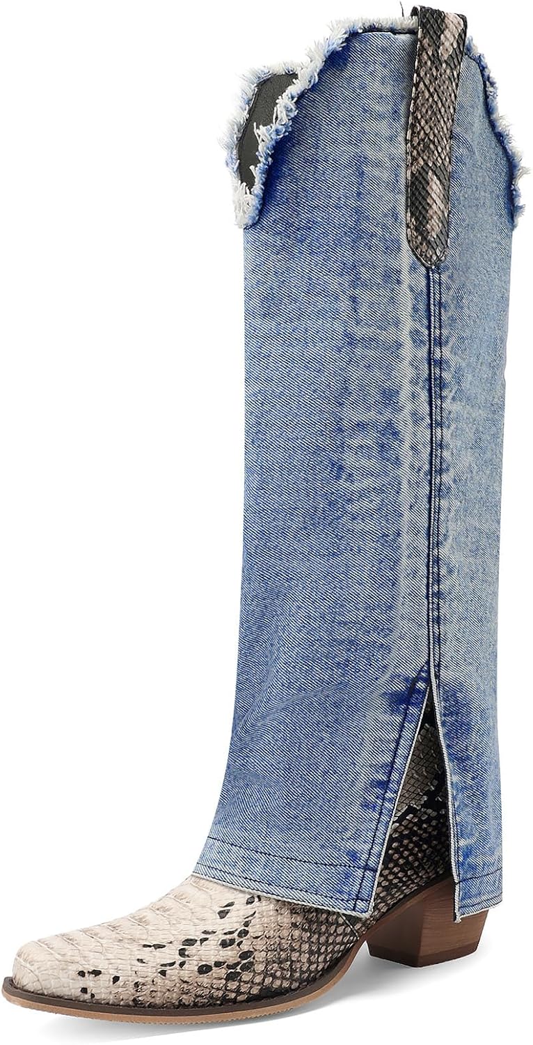 Betastella Womens Denim Knee High Cowboy Boots Snakeskin Cowgirl Boots Fold Over Chunky Heel Pointed Toe Western Boot