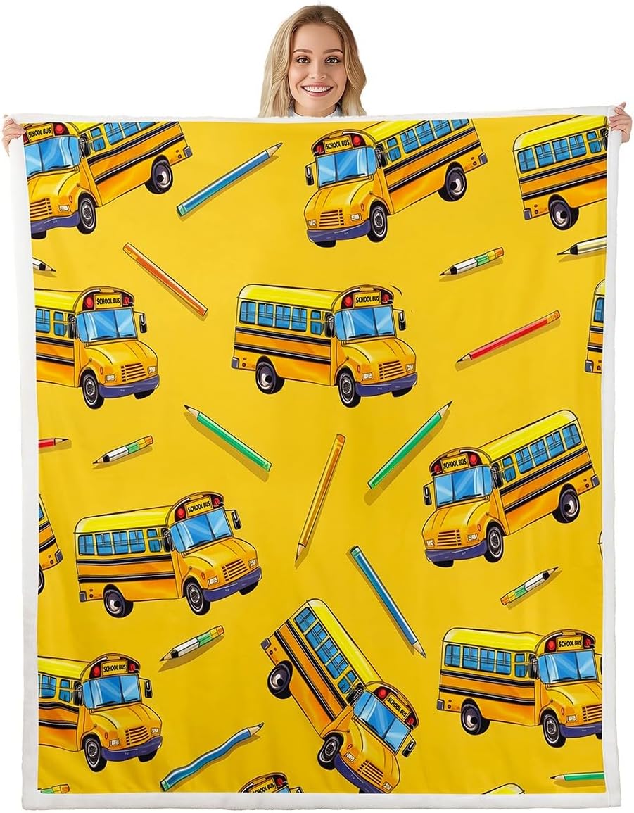 Erosebridal School Bus Sherpa Blanket Baby Size, School Truck Fleece Blanket for Kids Boys Girls Teens Bedroom Decor, Cartoon Car Theme Fuzzy Plush Throw, Yellow Decor for Sofa Couch