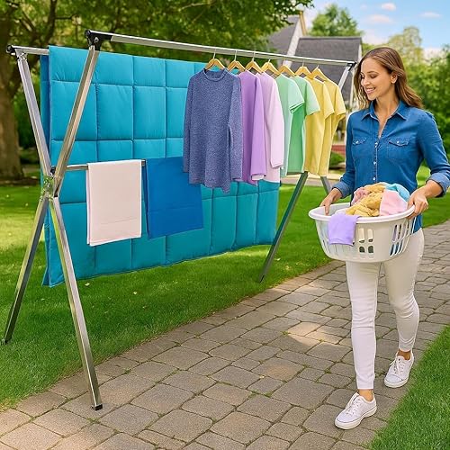 Miniatura 3 de Tendedero plegable para interiores y exteriores, plegable, portátil, para ropa sucia, resistente con 20 ganchos (79.55 pulgadas)