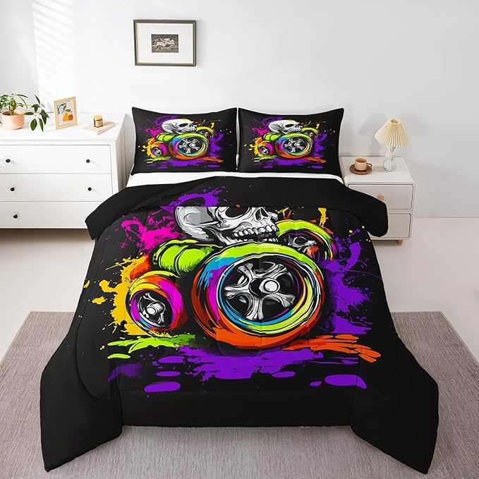 Erosebridal Sugar Skull Bedding Set Kids Tie-Dye Colored Comforter Set for Boys Teens Wheel Bedroom Decor Toddler Comforter Gothic Decor Down Comforter,Black