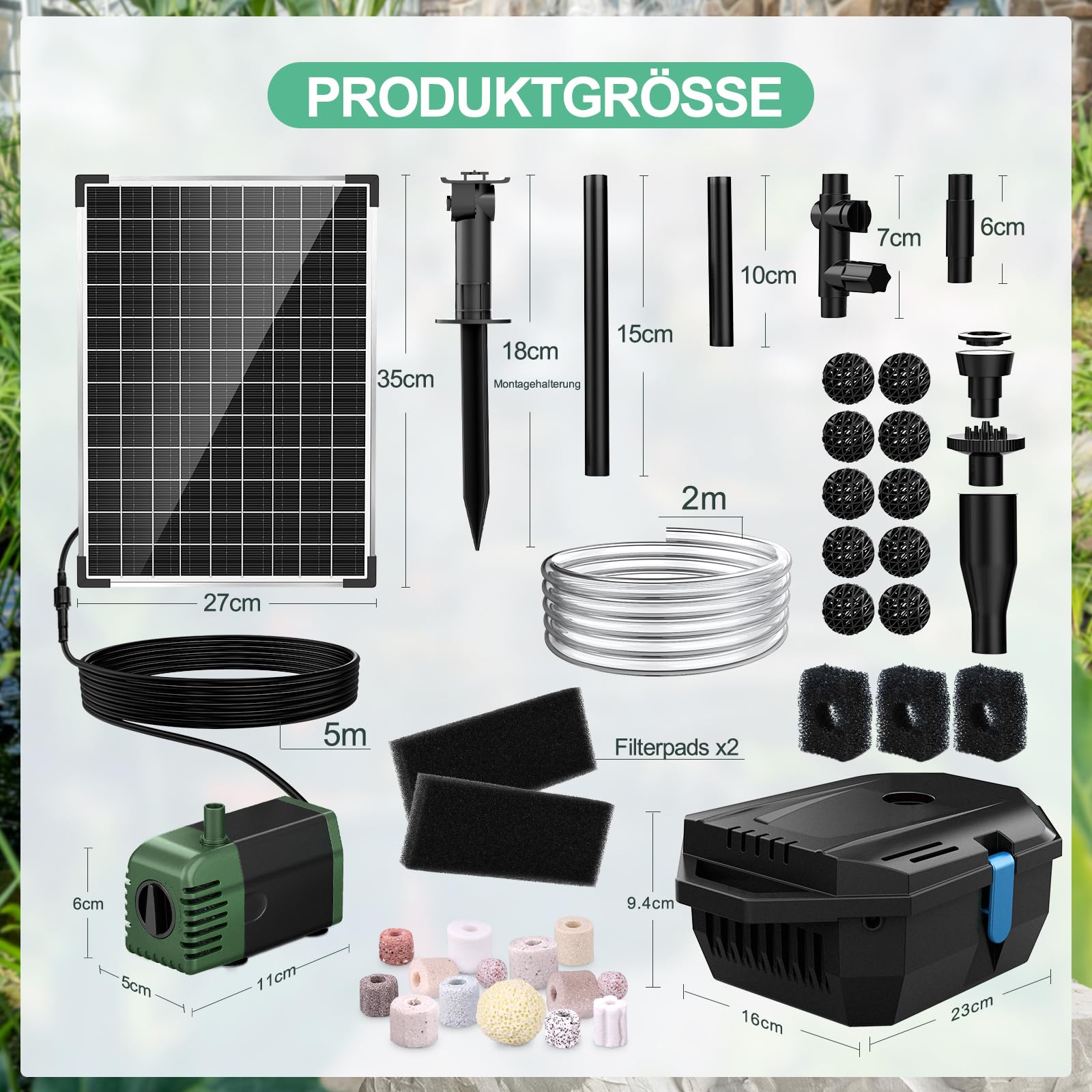 POPOSOAP Kit de filtro solar para estanque de 20 W y bomba de fuente – 1060 L/h Sistema de filtro solar para estanques con fuente solar de 4 boquillas y manguera de 2,0 m, ultrasilencioso para