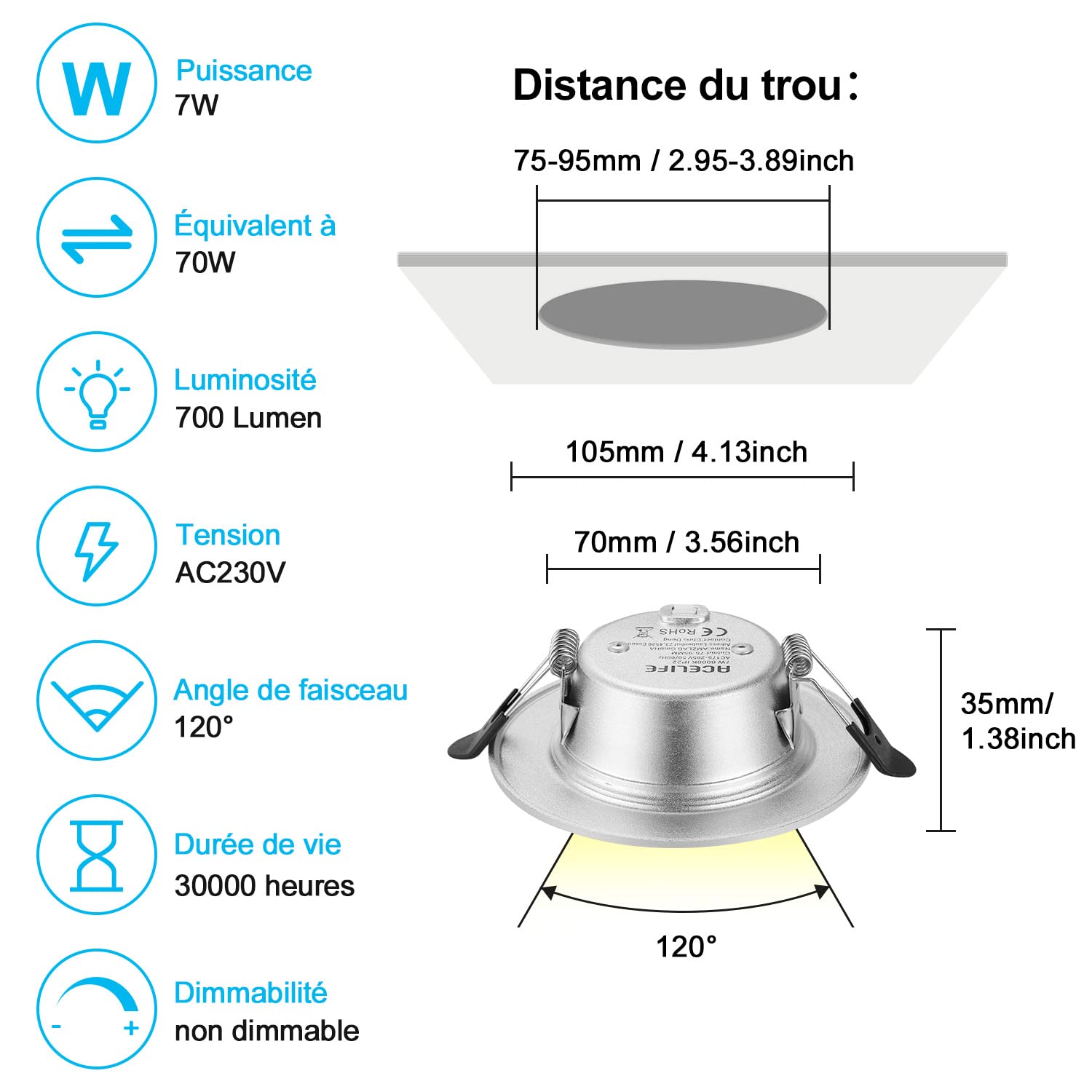 ACELIFE Downlight Led Empotrable Redondo, Foco Empotrable LED de Techo Extraplana, 7 W 700lumen, Equivalente a 70 W Incandescente, 6000K (Blanca Fría), Metal de Aluminio ojos de buey Led, Juego de 6