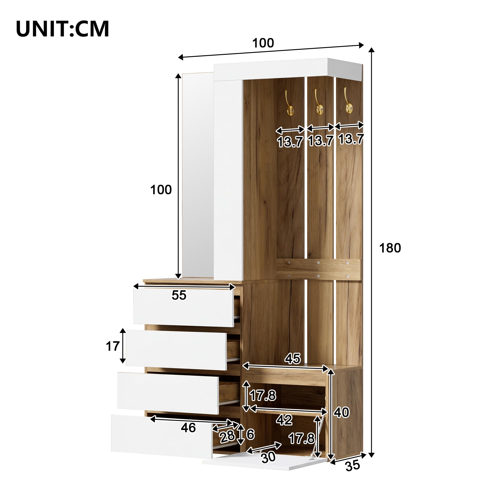 Set guardaroba con specchio, 4 cassetti e ganci, combinazione corridoio con 1 anta e vano portaoggetti, molto spazio per corridoio e ingresso, 100 x 35 x 180 cm, bianco e naturale