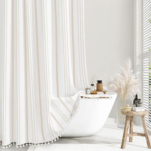 Awellife Extra Long Beige Boho Shower Curtain White Linen