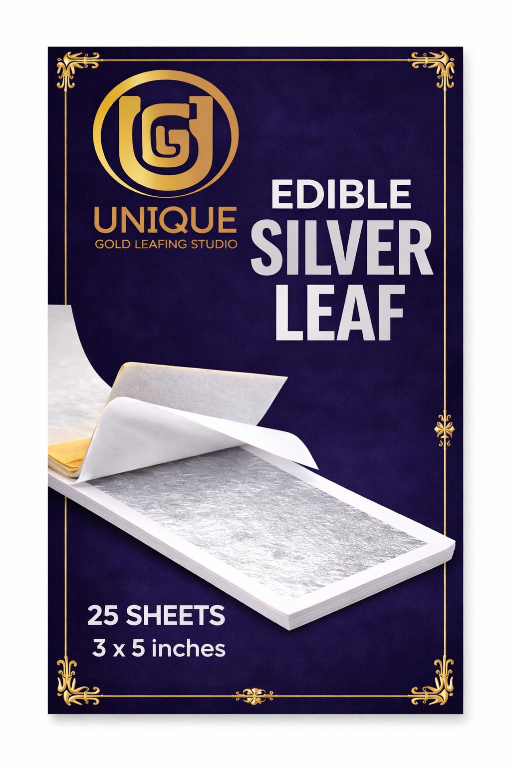 UGLS Edible Silver Leaves 99.9% Pure (Chandi Ka Vark) Silver Leaf ( 25 Pcs ) for Edible Cake Toppers, Sweets Decoration (Mithai), Cake Decoration, Pooja & Jain Temple Use & Many More Uses | (3x5.in/80x130.mm)-image-4