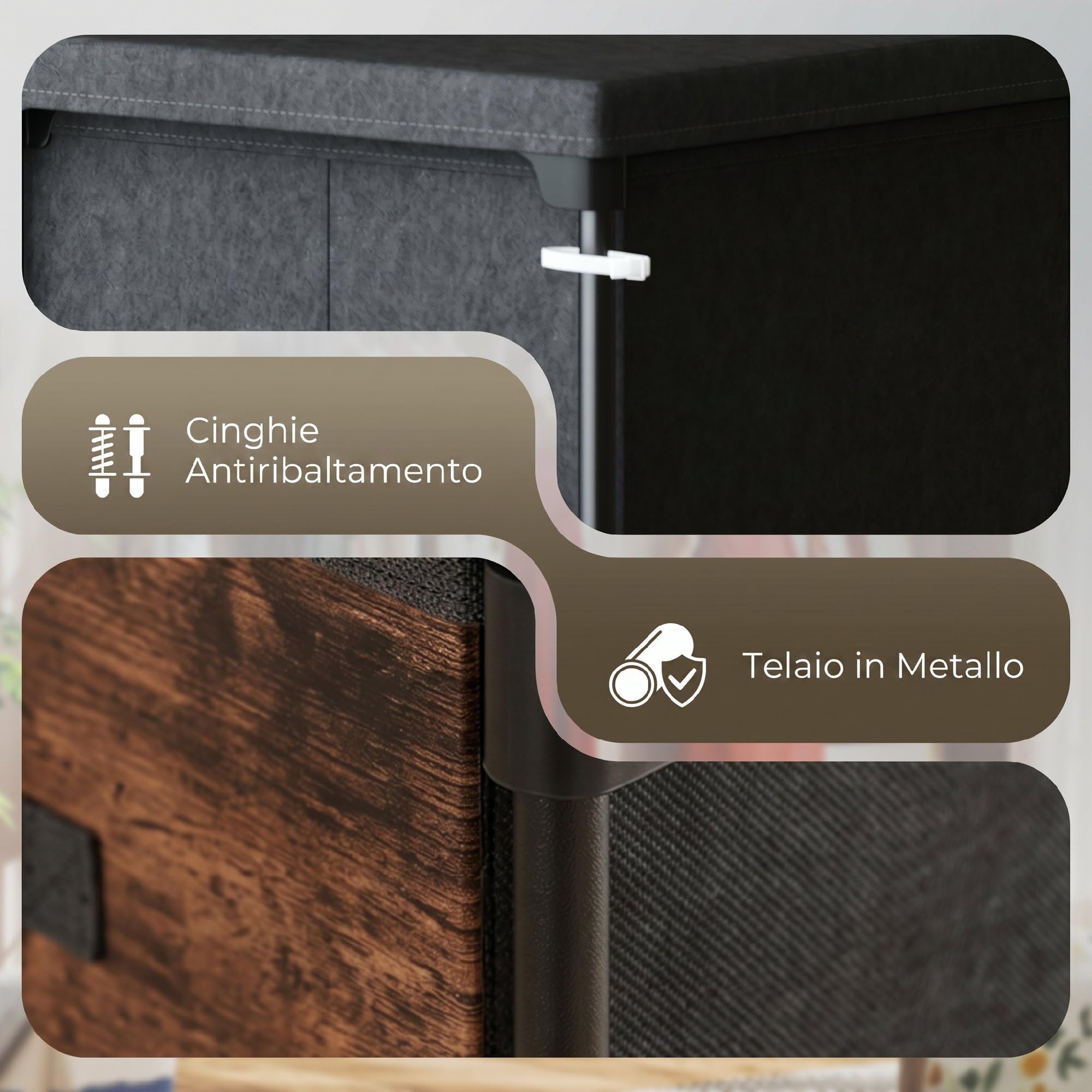 HOMCOM Cassettiera in Tessuto 8 Cassetti 84.5x30.5x100 cm Marrone Rustico | Salvaspazio, Mobile con Cassetti Industriale in Metallo, per Camera da Letto, Bagno e Soggiorno