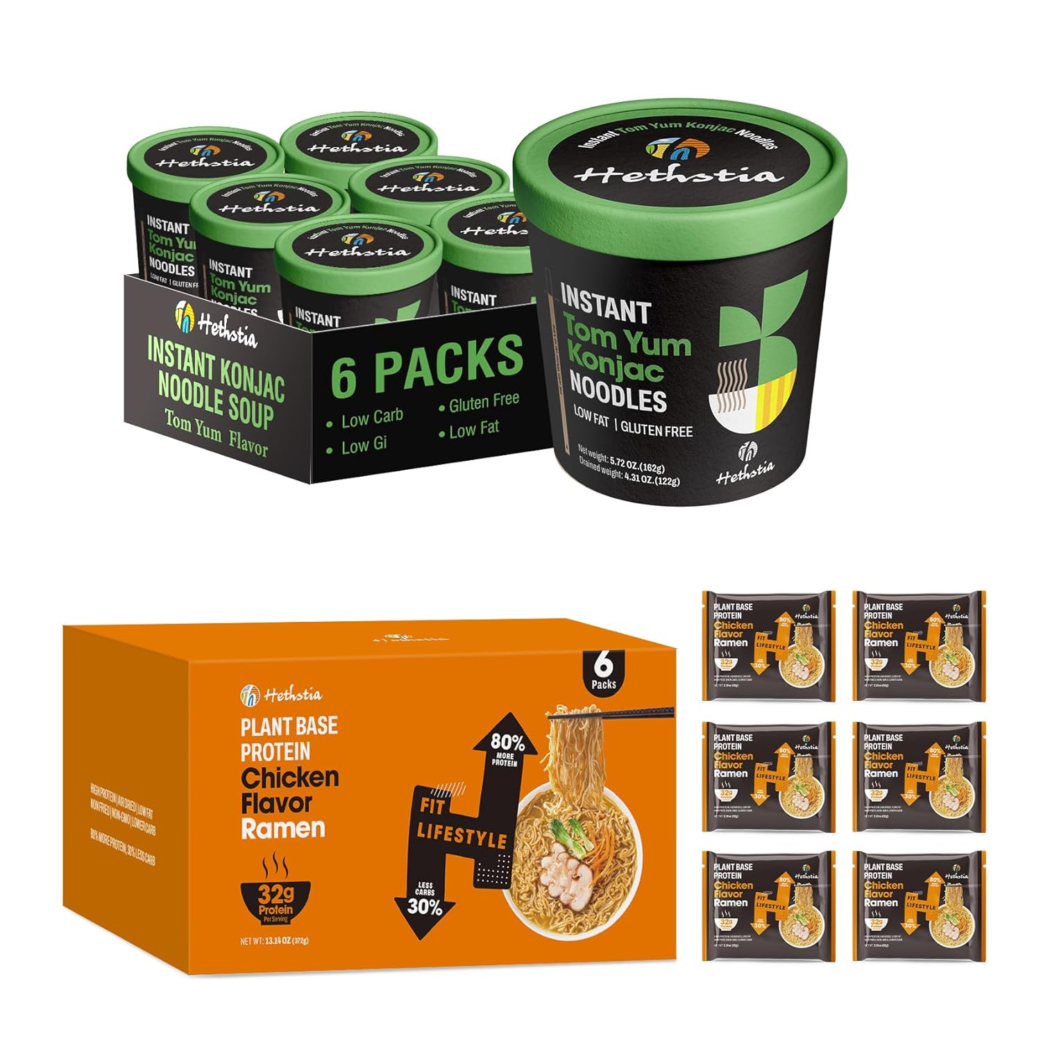 Hethstia Konjac Noodle Tom Yum Soup 6 Cups & High-Protein Ramen Chicken Flavor 6 Packs, Plant-Based Instant Noodle Soup & Low-Calorie Shirataki Cup, Keto, Vegan, Healthy Food Gift