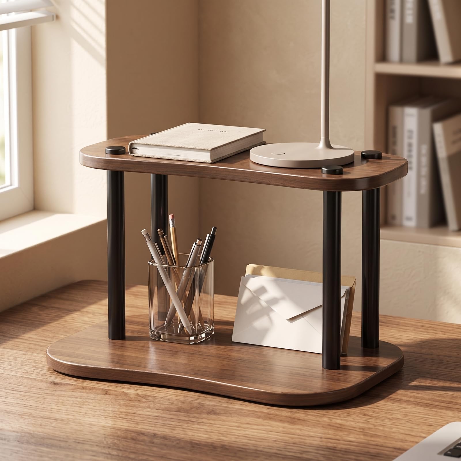 F Fityle Estante de Almacenamiento Estantería Organizador Repisa Soporte con Estilo Industrial de Acero y Diseño Abierto de Encimera con Tablas Símil Madera, 雅黑（双层）, 38CM