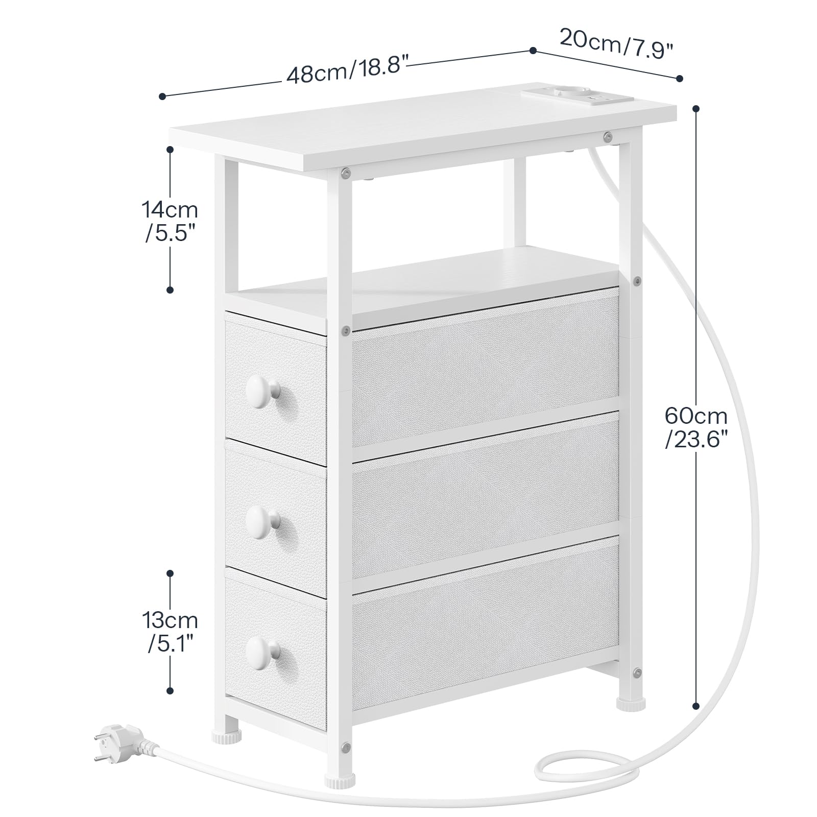 HOOBRO Tables de Chevet avec Multiprises, 1 Prise et 2 Ports USB, Tables d’Appoint avec 3 Tiroirs, Bouts de Canapé avec Rangement, Petit Espace, Salon, Chambre, Blanc EWW482CBZ01