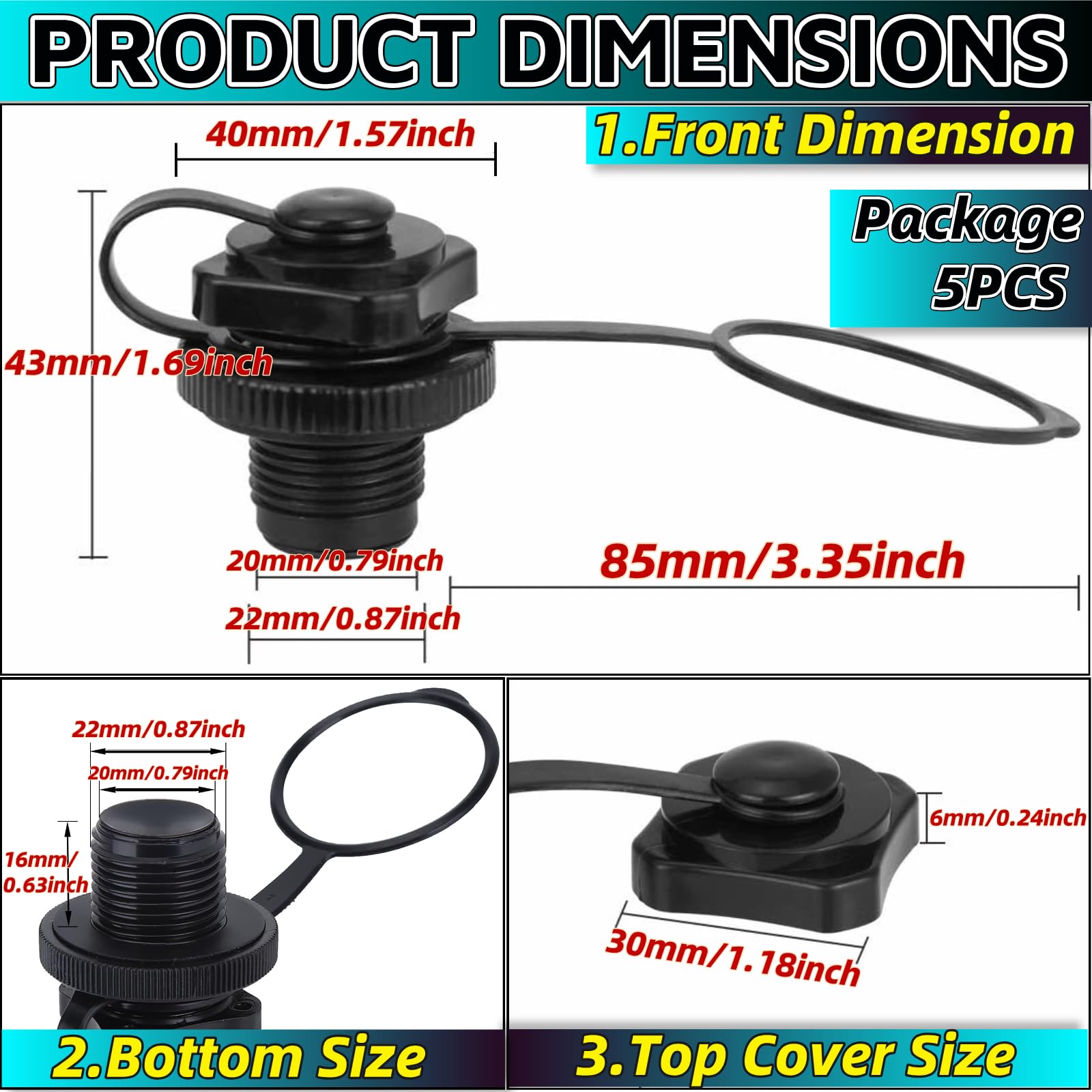 Inflatable Kayaks Boat Plug 5PCS,20MM Threaded Diameter Inflatable Boats Kayak Replacement Parts for Intex Boat Intex Inflatable Boat Accessories for Intex River Run Kayak Plugs for Sit on Top (Black)