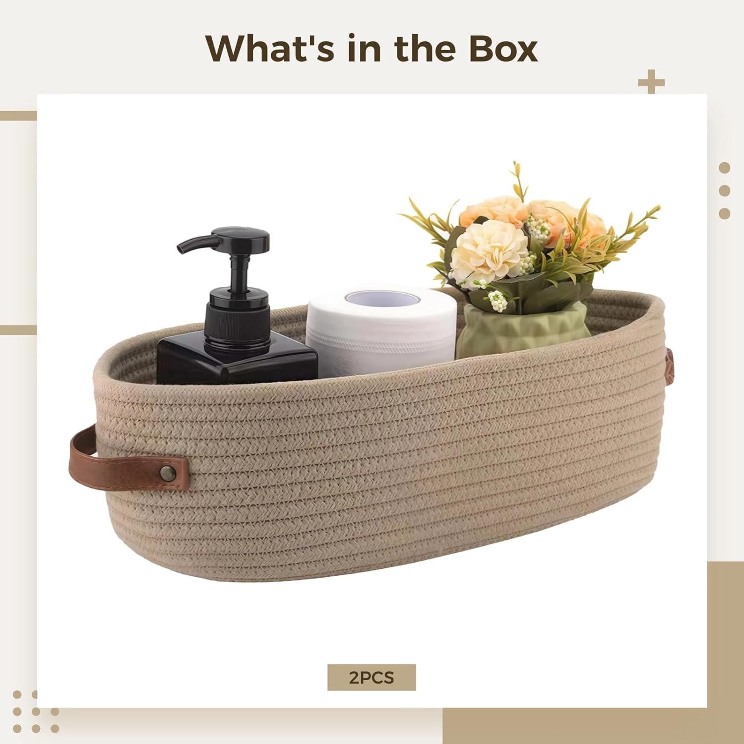 Set of 2 Oval Cotton Rope Storage Baskets with Leather Handles, Multi-purpose Nursery and Bathroom Organizer