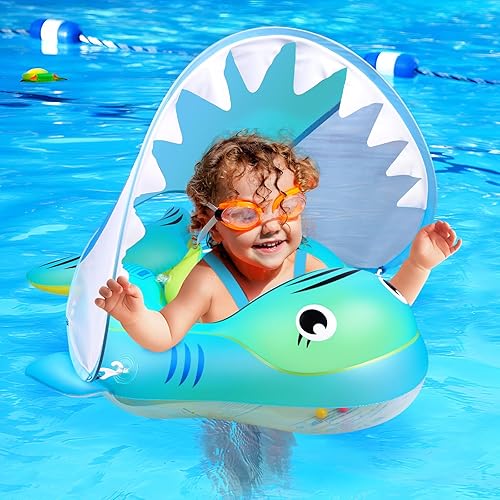 AivaToba - Flotador de natación inflable para bebé, flotador inflable de piscina para bebés con toldo protector solar UPF 50+, añade cola sin giro,