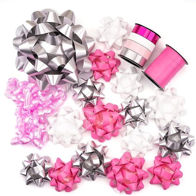 WRAPAHOLIC 19 Pcs Gift Bows Assortment - 16 Multi Colored Assorted Size Gift Bows(Pink, White, Silver), 2 Crimped Curling Ribbons, 1 Pink Curly Bows, Perfect for Christmas, Holiday, Party
