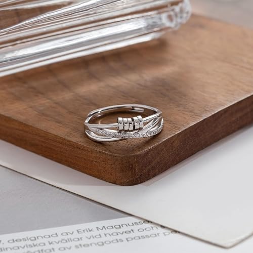Miniatura 4 de PABBEU Anillo de ansiedad para mujer, plata de ley 925, con circonita cúbica, ajustable, para aliviar el estrés, anillo de ansiedad para niñas y