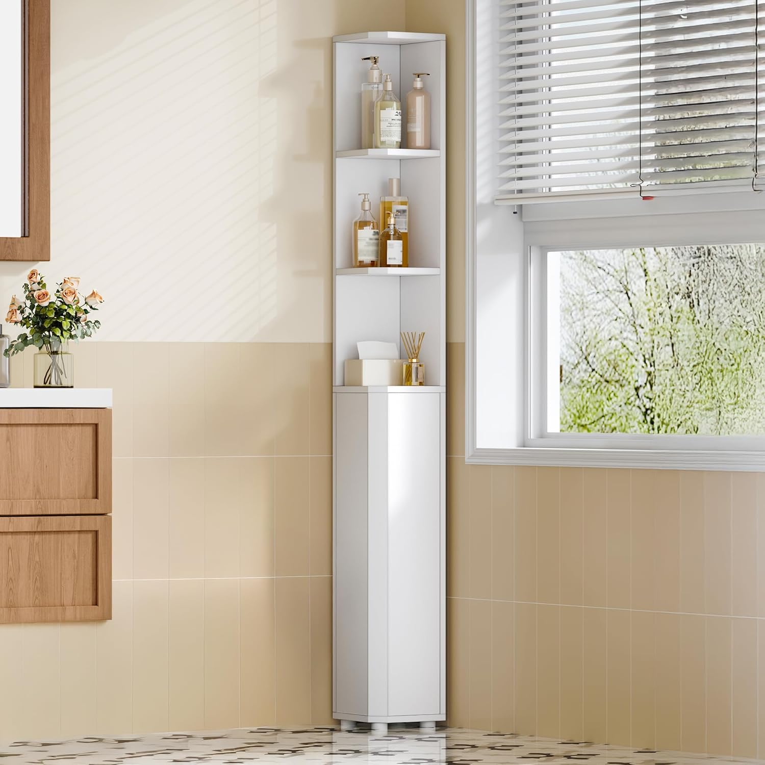 Hzuaneri Tall Corner Bathroom Cabinet 66.9"H with Doors, Adjustable Shelves, Narrow Storage for Small Spaces, White BC30003X
