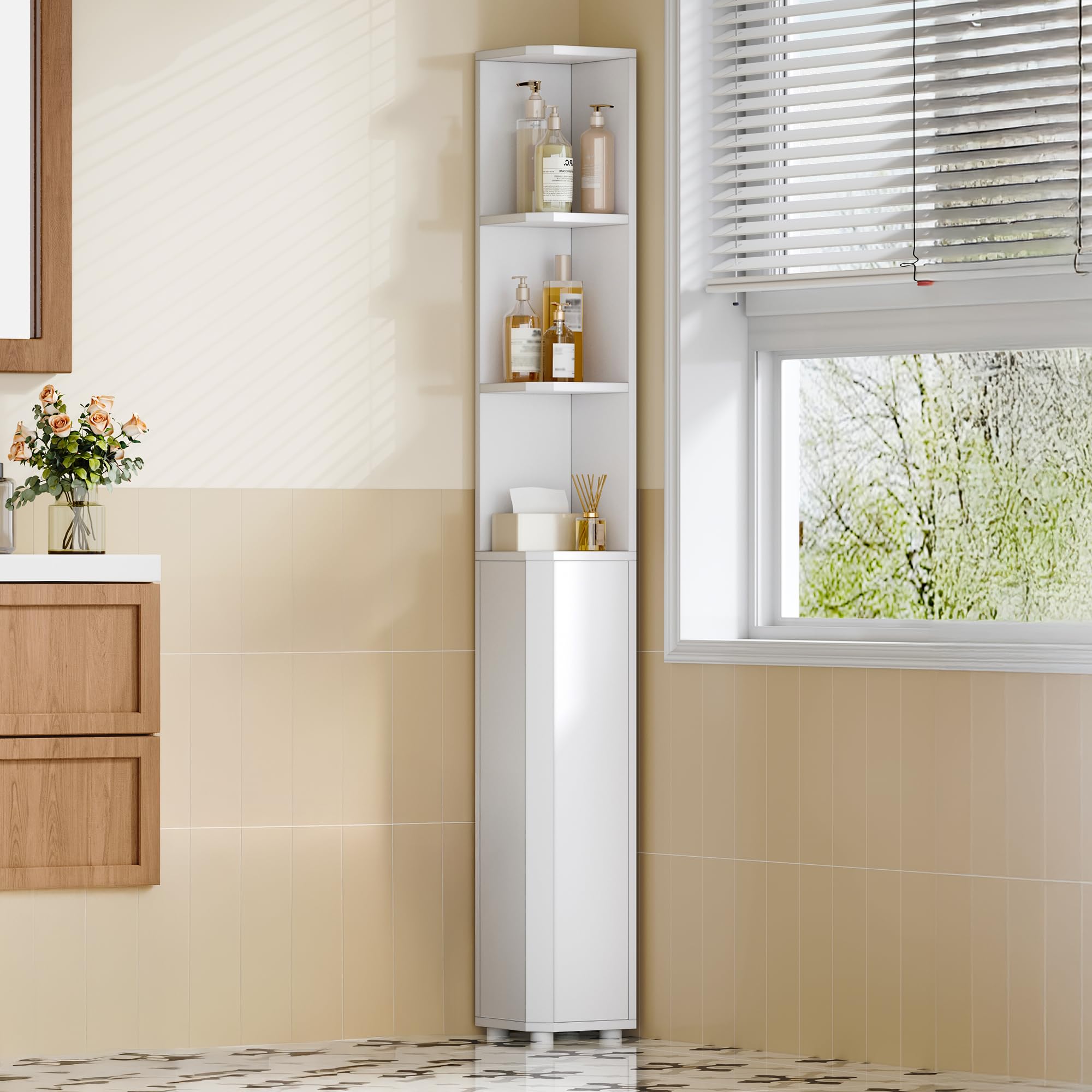 Hzuaneri Corner Cabinet, Tall Bathroom Corner Cabinet with Doors, Narrow Storage Cabinets with Adjustable Shelves, Bathroom Organizers and Storage for
