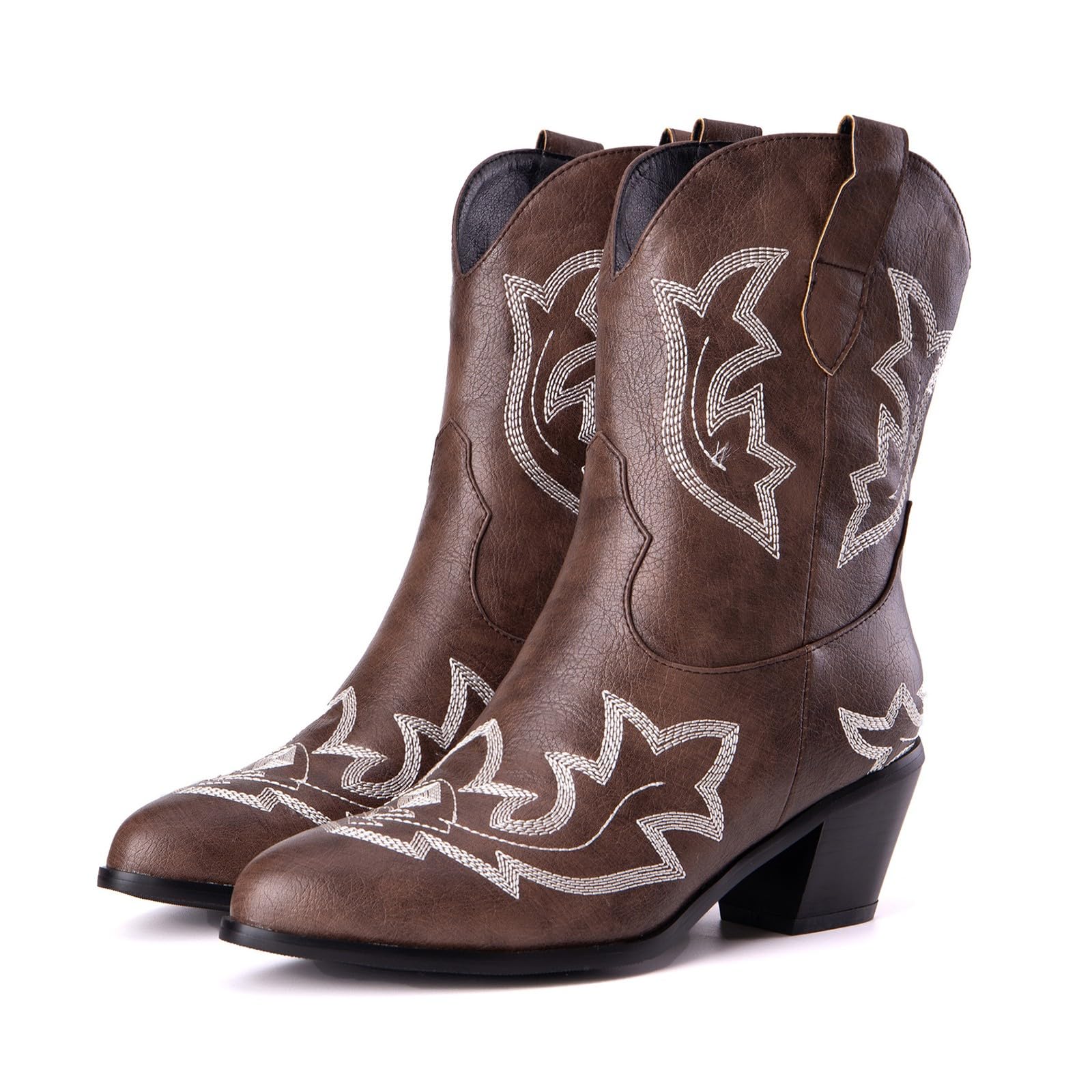 Stivali da donna a metà polpaccio da cowboy western, classici vintage, ricamati, tacco a blocco, in pelle PU, stivali da donna in stile country equitazione western scarpe da sposa, Caff, 44 EU