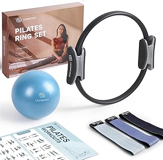 Set LIONSCOOL Pilates Ring – Magic Circle da 35.56 CM Anti-Deformazione con Manici Imbottiti, Mini Palla, Fasce di Resistenza, Guida e Borsa