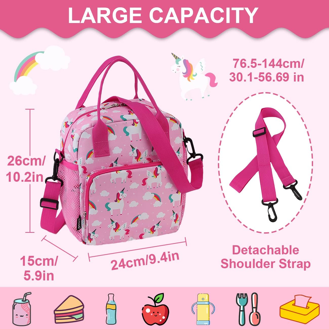 RAVUO Lunch Bag Box for Girl Insulated Cute Unicorn Lunch Box for Kids Reusable Lunch Tote with Detachable Shoulder Strap Plush - Image 3