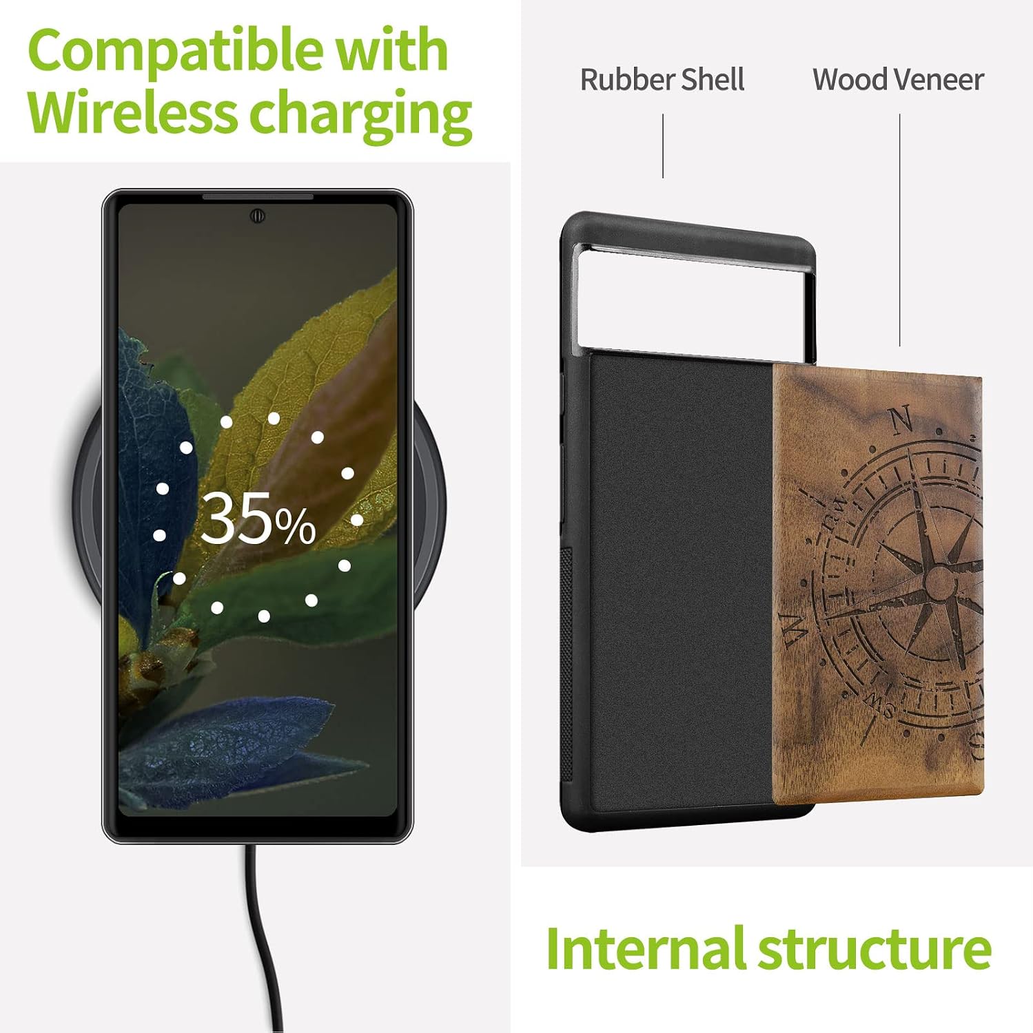 Carveit Wood Case for Pixel 6 Case [Natural Wood & Black Soft TPU] Shockproof Protective Unique & Classy Wooden Cover Compatible with Google Pixel 6 (Vintage Compass-Walnut)