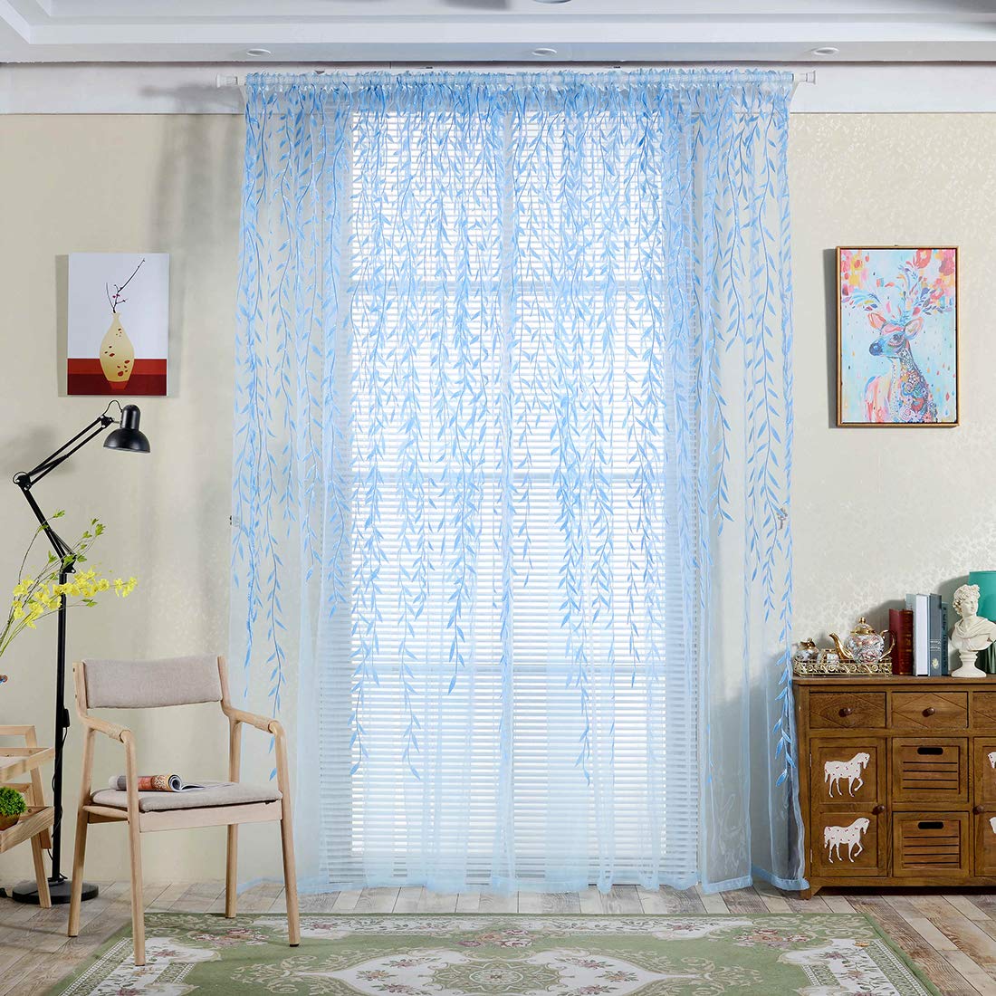 2Pc Willow Leaves Window Curtains Voile Sheer Tulle Top Down Salix Leaf Room Screen Curtain Rod Pocket Girls Bedroom Living Room Drapes, 39 x 78 inches Length, 2 Panels, Willow Leaf, Blue
